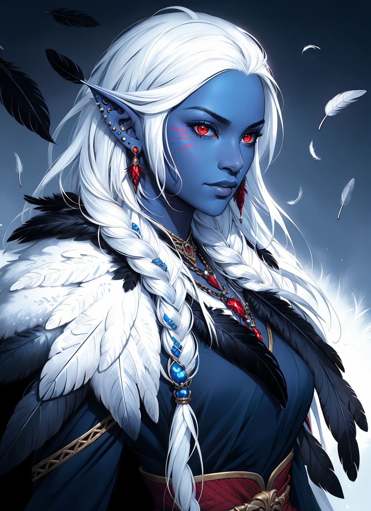drow, female, pointy ears, solo, long hair, jewelry, earrings, feathers, braid, red eyes, colored skin, looking at viewer,...